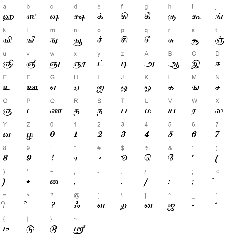 AkrutiTml2, Bold Character Map