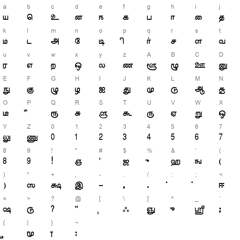 Anangu Valluvar Regular Character Map