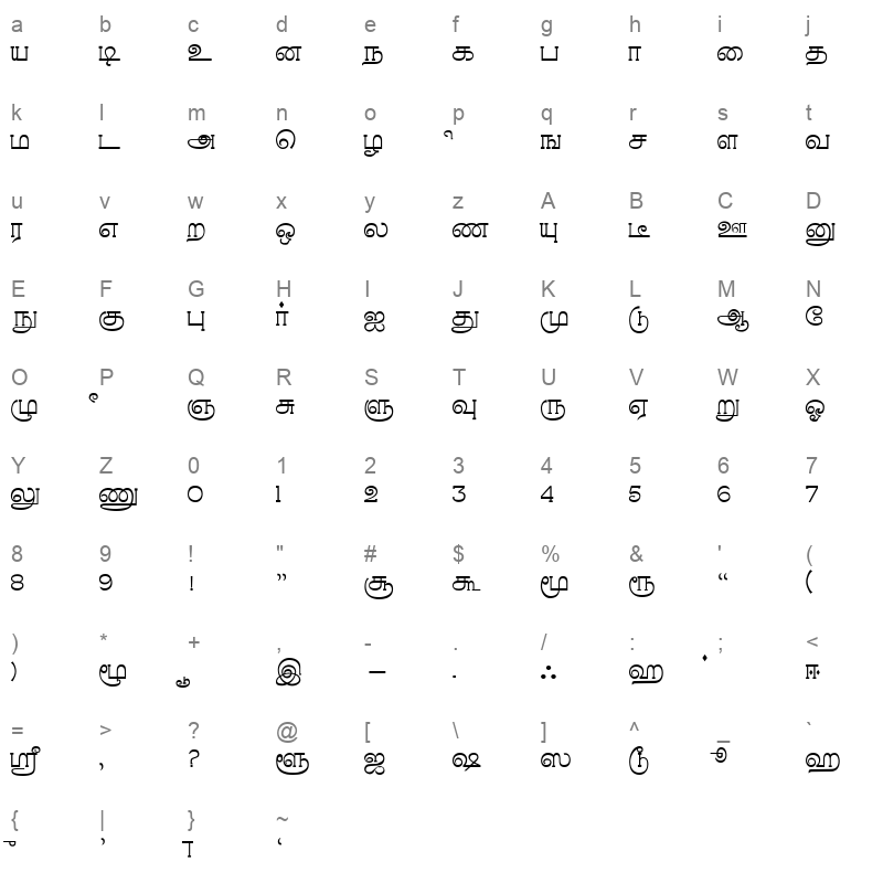 aTamilApple_thin normal Character Map