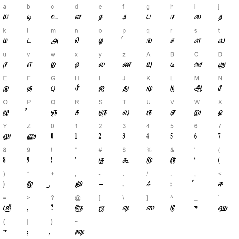 SM Tamil 01 Regular Character Map