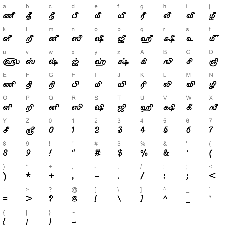 TAM Ilango Bold Character Map