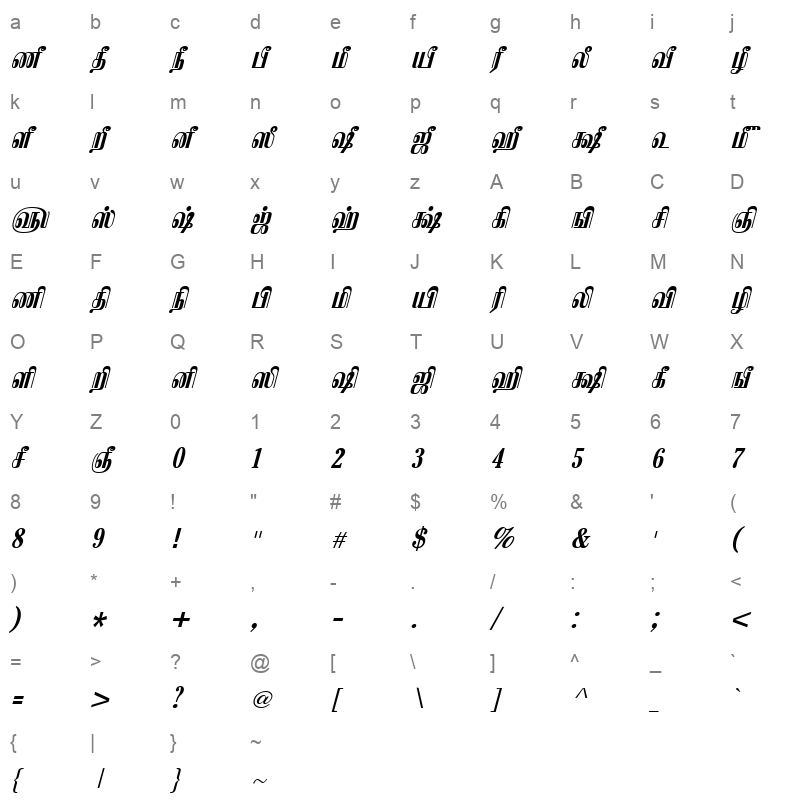 TAM-Kamban Bold Italic Character Map