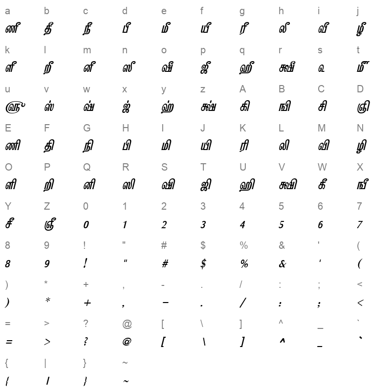 TAM Kannadasan BoldItalic Character Map