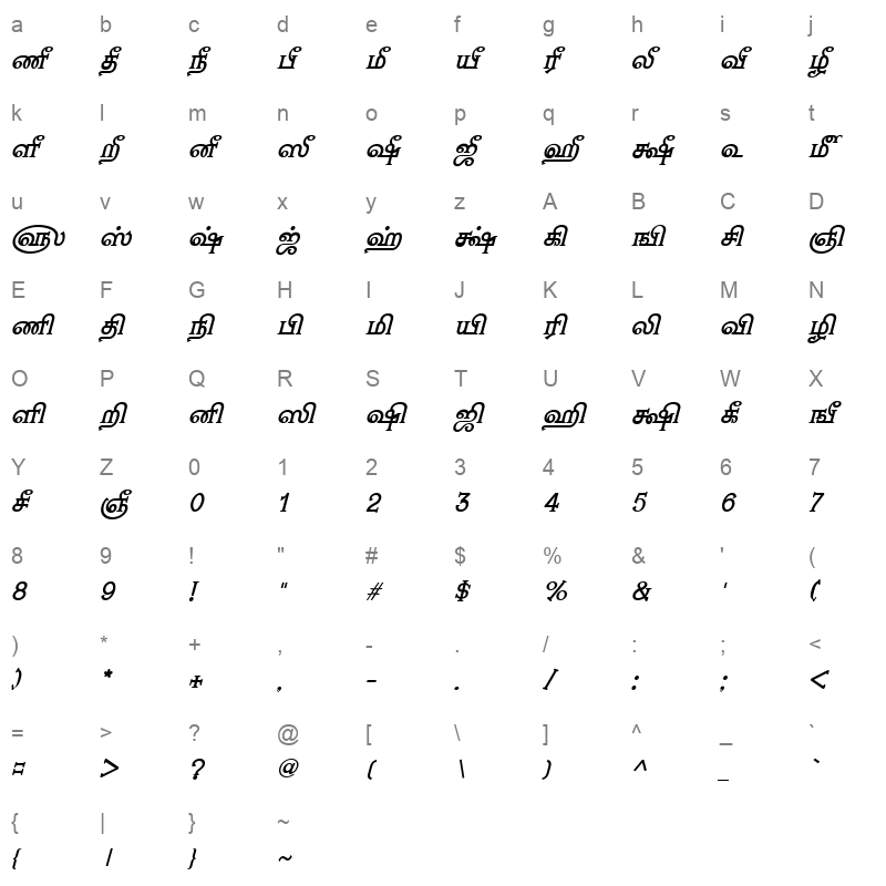 TAM Nambi Bold Italic Character Map