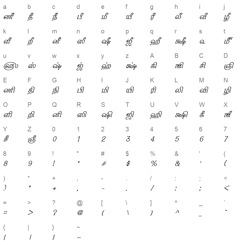 TAM Nambi Italic Character Map