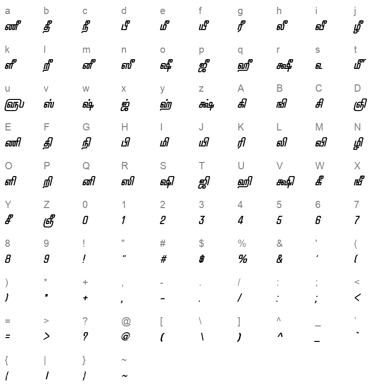 TAM Pattinathar Bold Italic Character Map