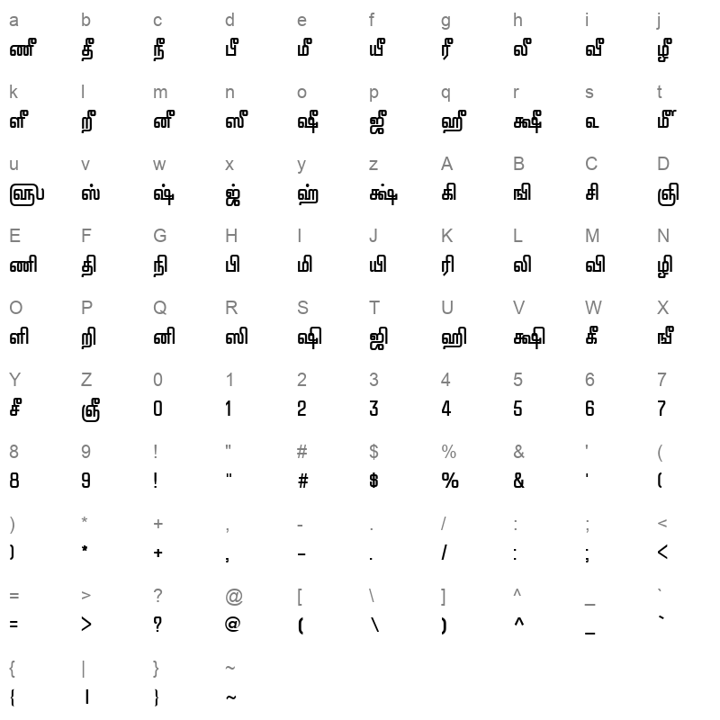 TAM Pattinathar Bold Character Map