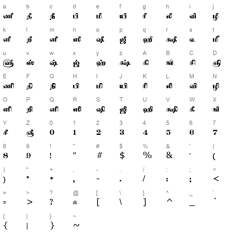 Tam Shakti 11 Normal Character Map