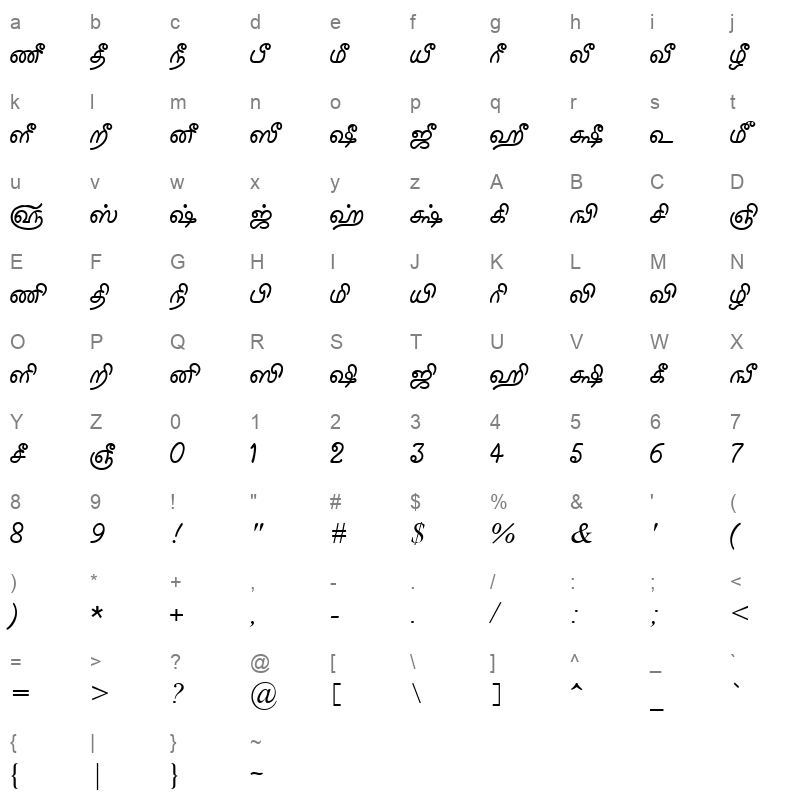 Tam Shakti 16 Normal Character Map