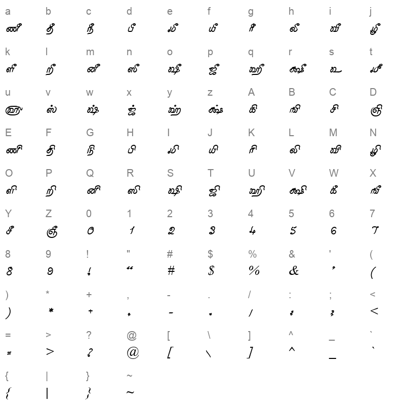 Tam Shakti 25 Normal Character Map