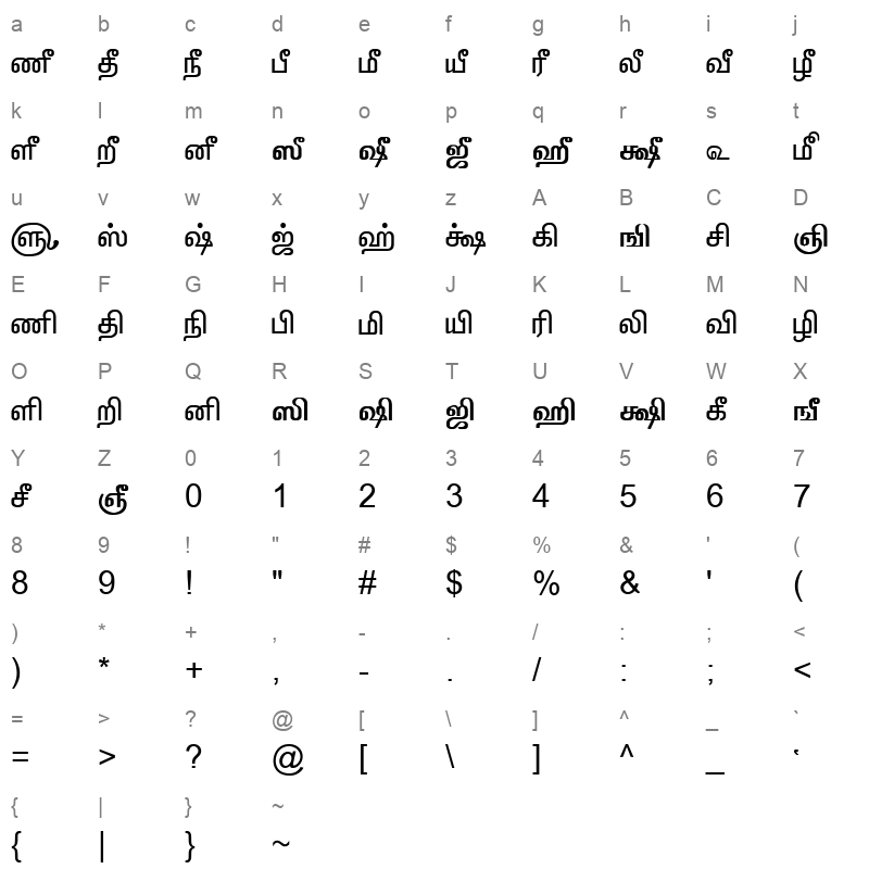 TAM-Tamil012 Normal Character Map