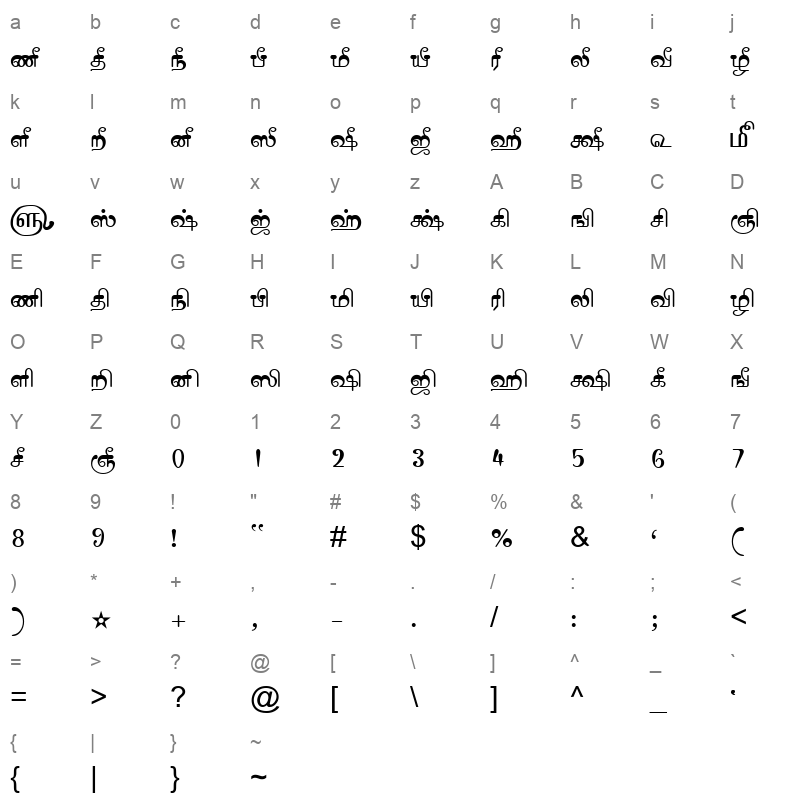 TAM-Tamil025 Normal Character Map