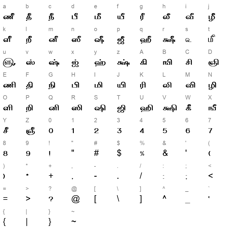 TAM-Tamil030, Normal Character Map