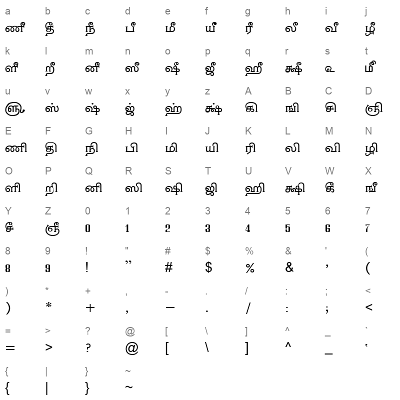 TAM-Tamil040 Normal Character Map