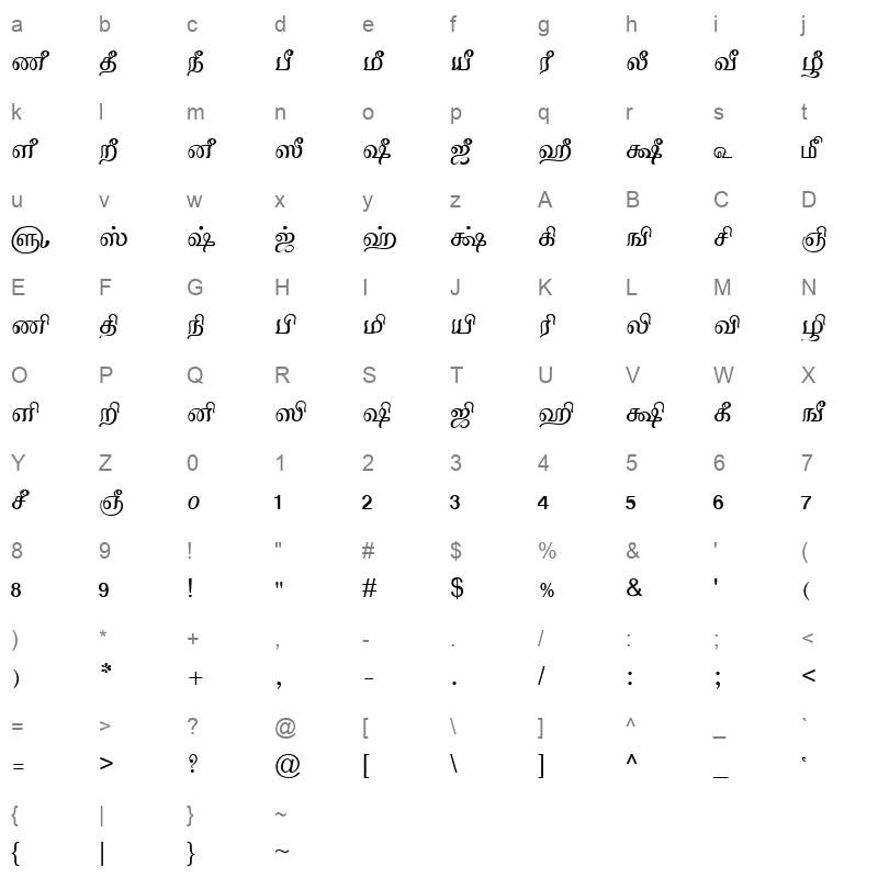 TAM-Tamil041 Normal Character Map