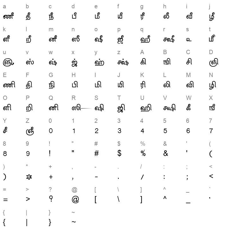 TAM-Tamil050 Normal Character Map