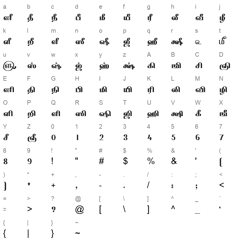 TAM-Tamil052 Normal Character Map