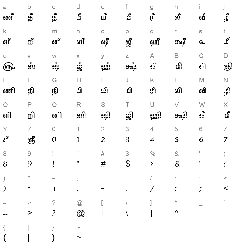 TAM-Tamil053 Normal Character Map