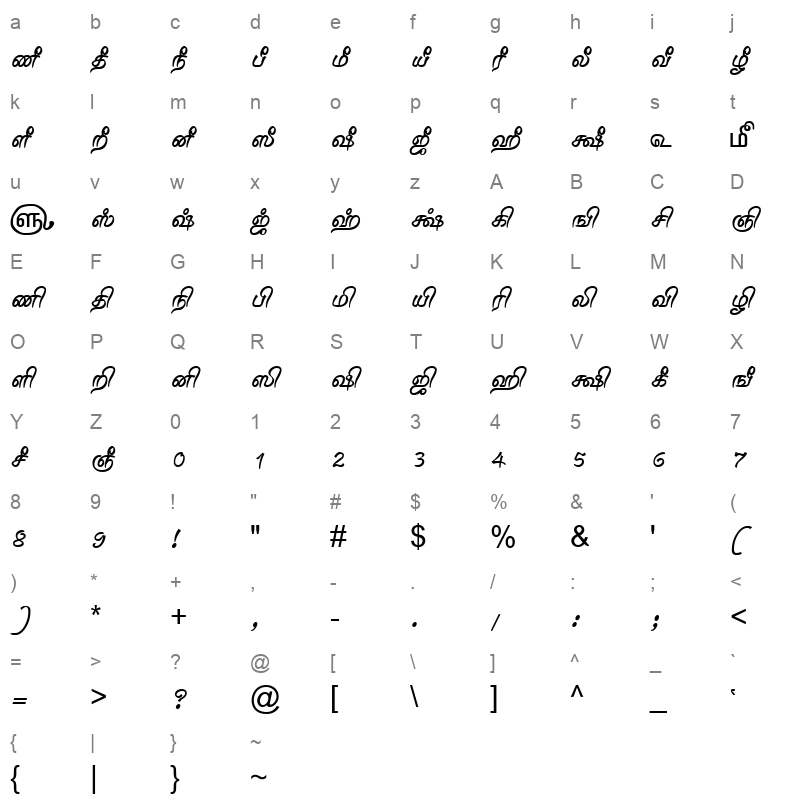 TAM-Tamil062 Normal Character Map