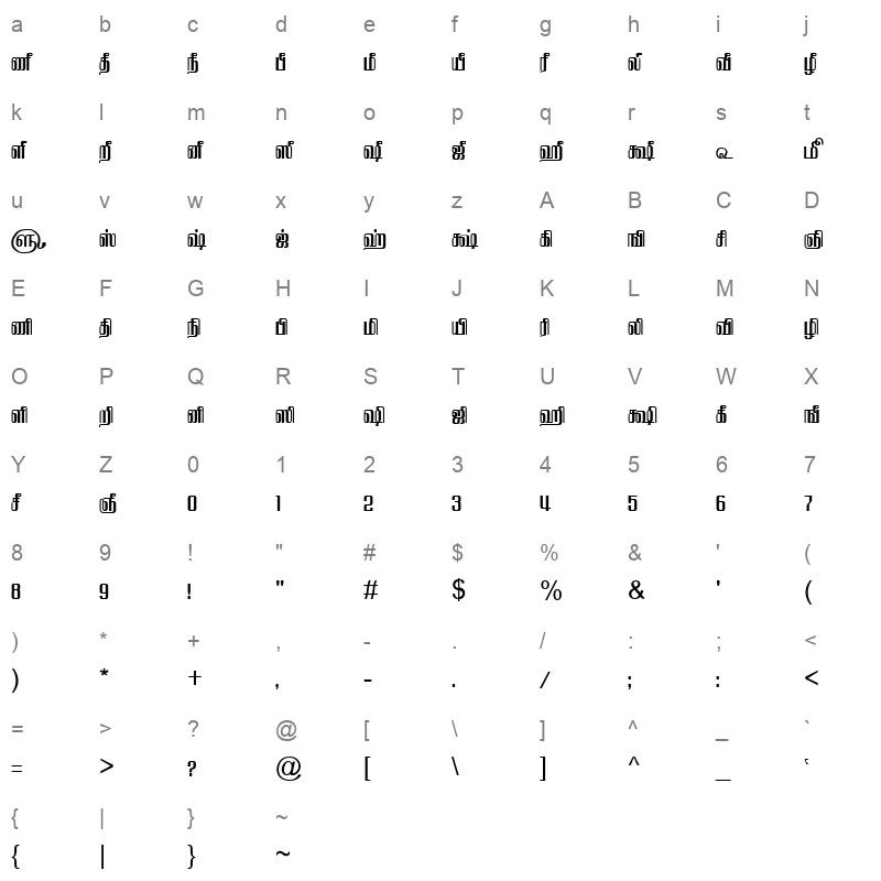 TAM-Tamil080 Normal Character Map