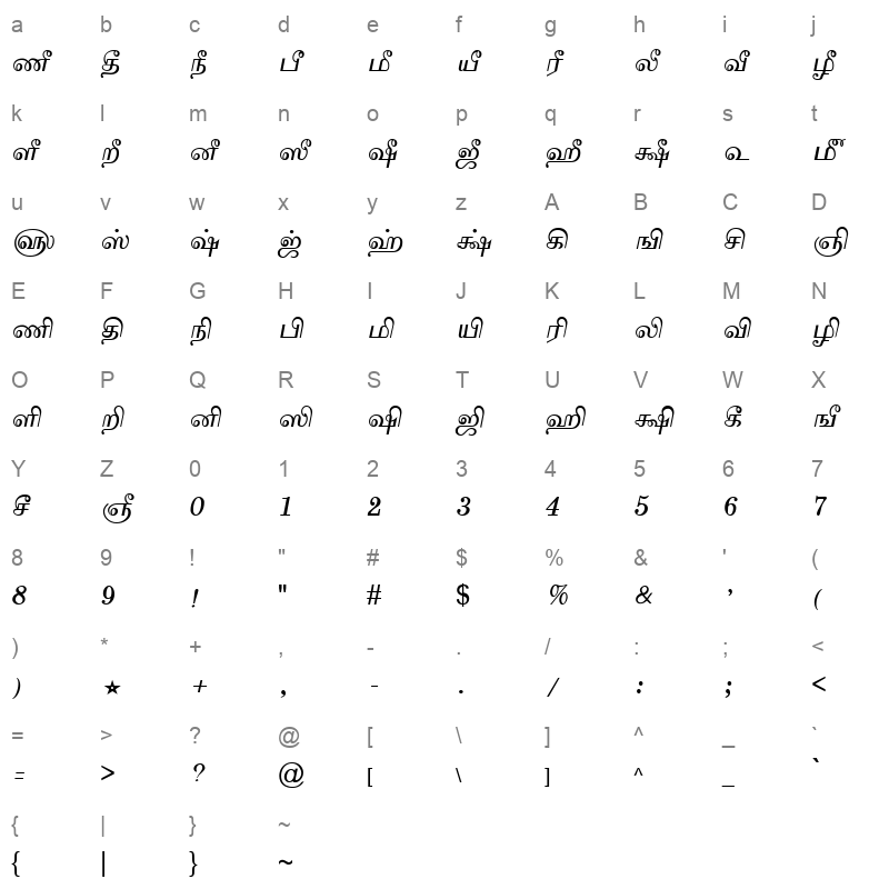 TAM-Tamil090 Normal Character Map