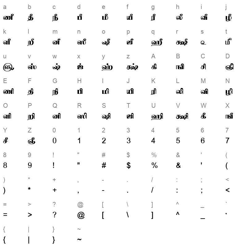 TAM-Tamil091 Normal Character Map