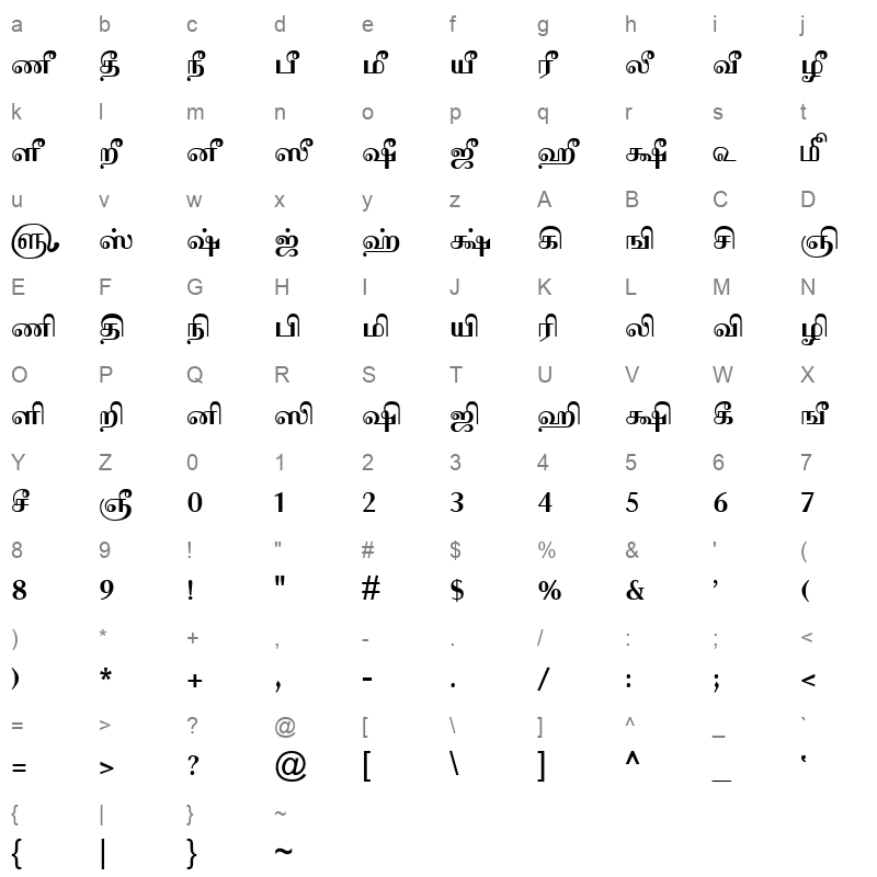 TAM-Tamil115 Normal Character Map