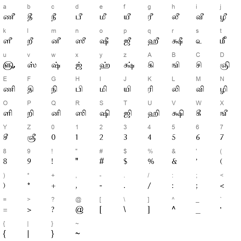 TAM-Tamil116 Normal Character Map