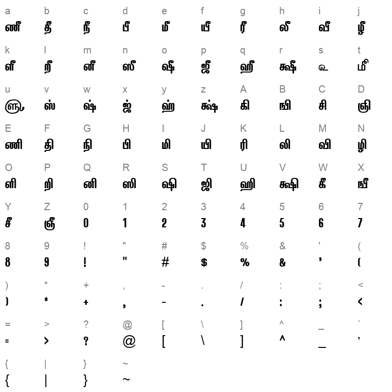 TAM-Tamil117 Normal Character Map