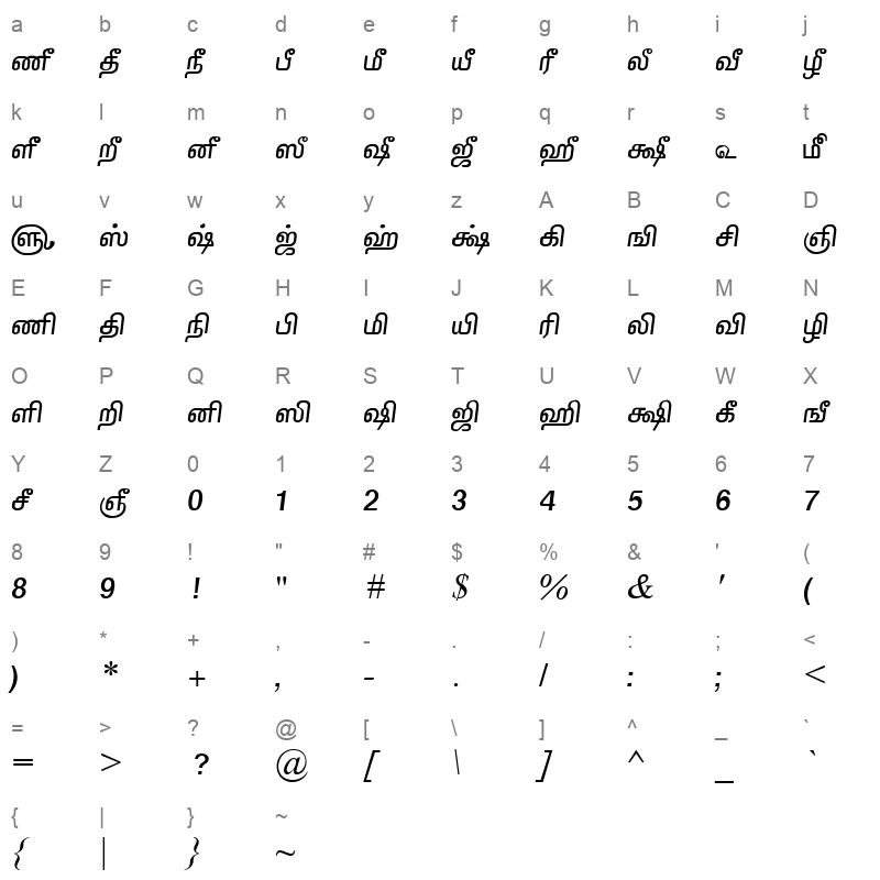 TAM-Tamil133 Normal Character Map