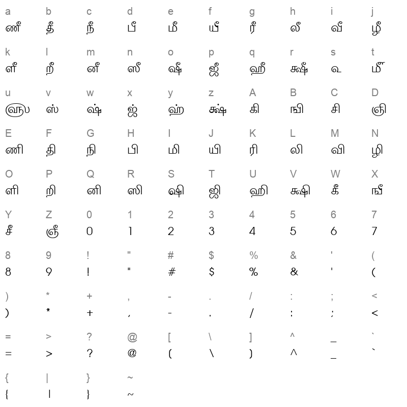 TAM-Tamil140 Normal Character Map