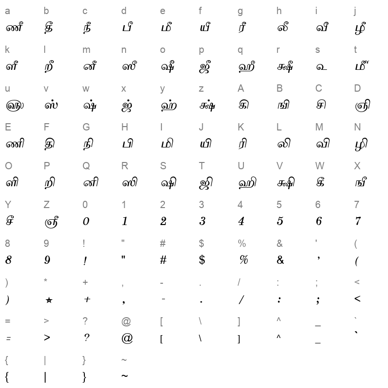 TAM-Tamil145 Normal Character Map