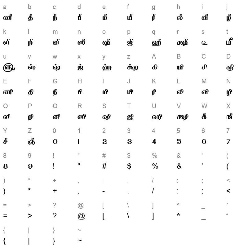 TAM-Tamil161 Normal Character Map