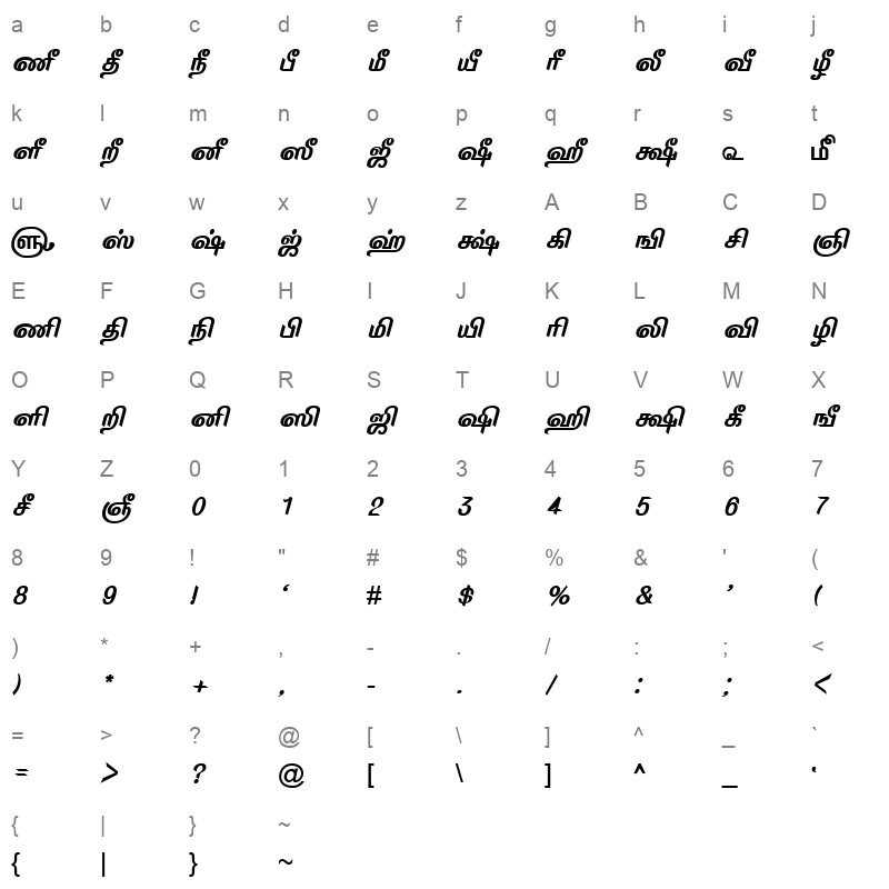 TAM-Tamil167 Normal Character Map