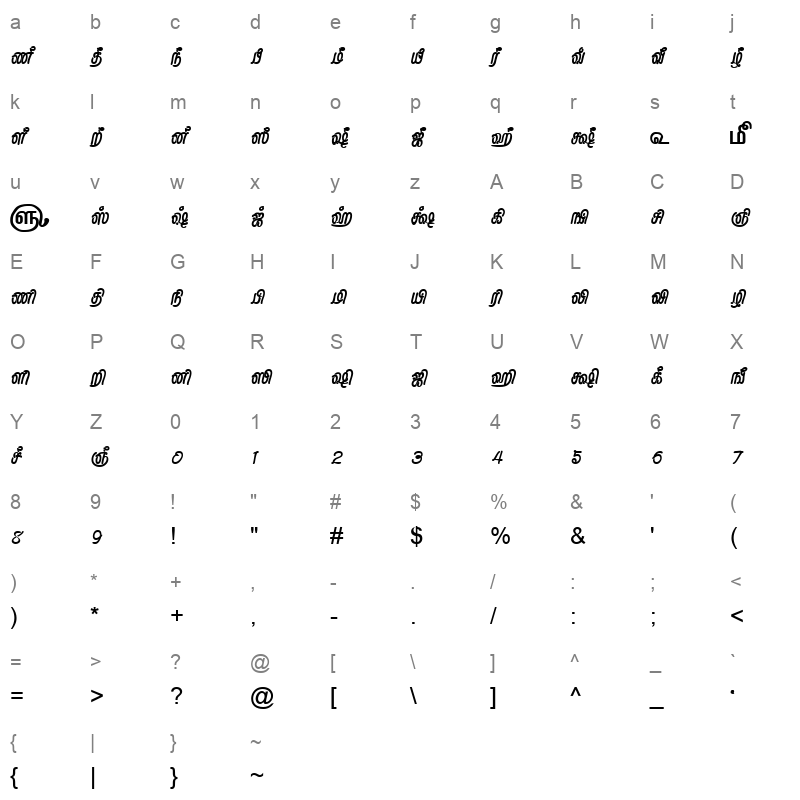 TAM-Tamil175 Normal Character Map