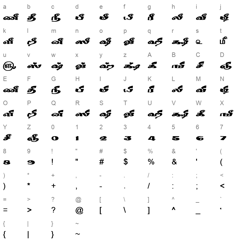 TAM-Tamil180 Normal Character Map