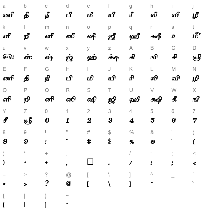 Tam-Tamil185 Bold Character Map