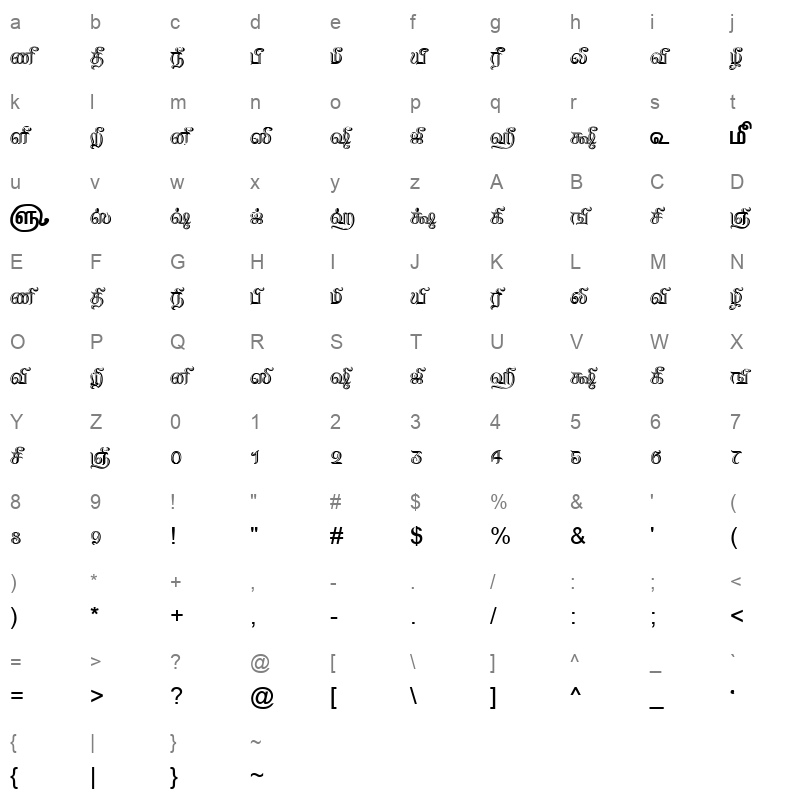 TAM-Tamil190 Normal Character Map