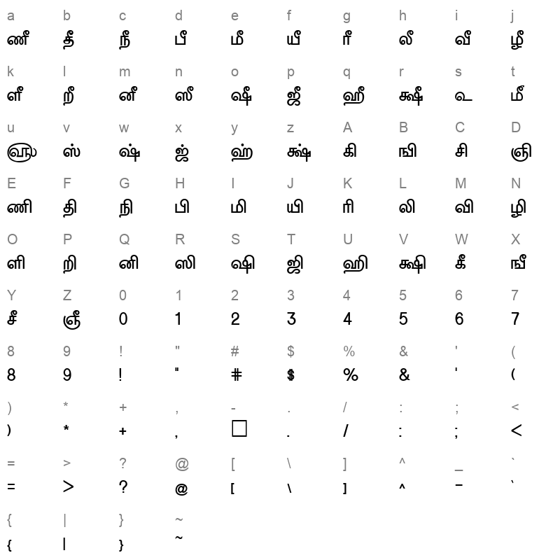 Tam-Tamil197 Bold Character Map