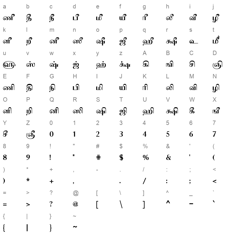 Tam-Tamil201 Bold Character Map