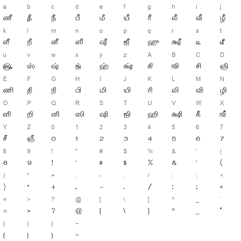 TAM-Tamil204 Normal Character Map