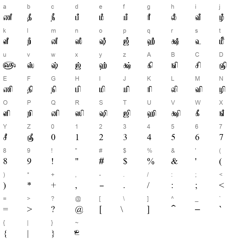 TAMu_Kadambri Regular Character Map